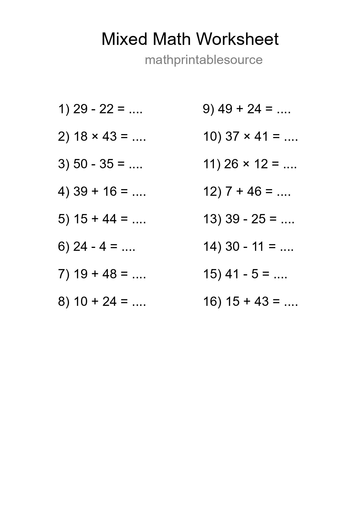 Mixed Operations Math Worksheet