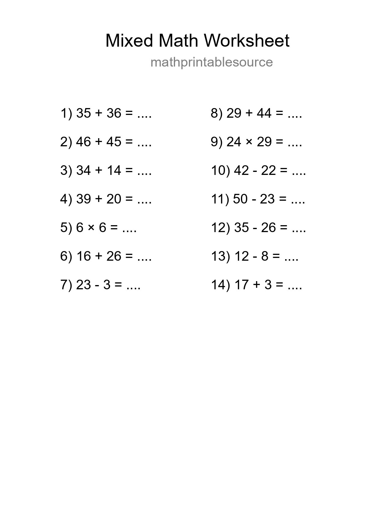 Mixed Operations Math Worksheet