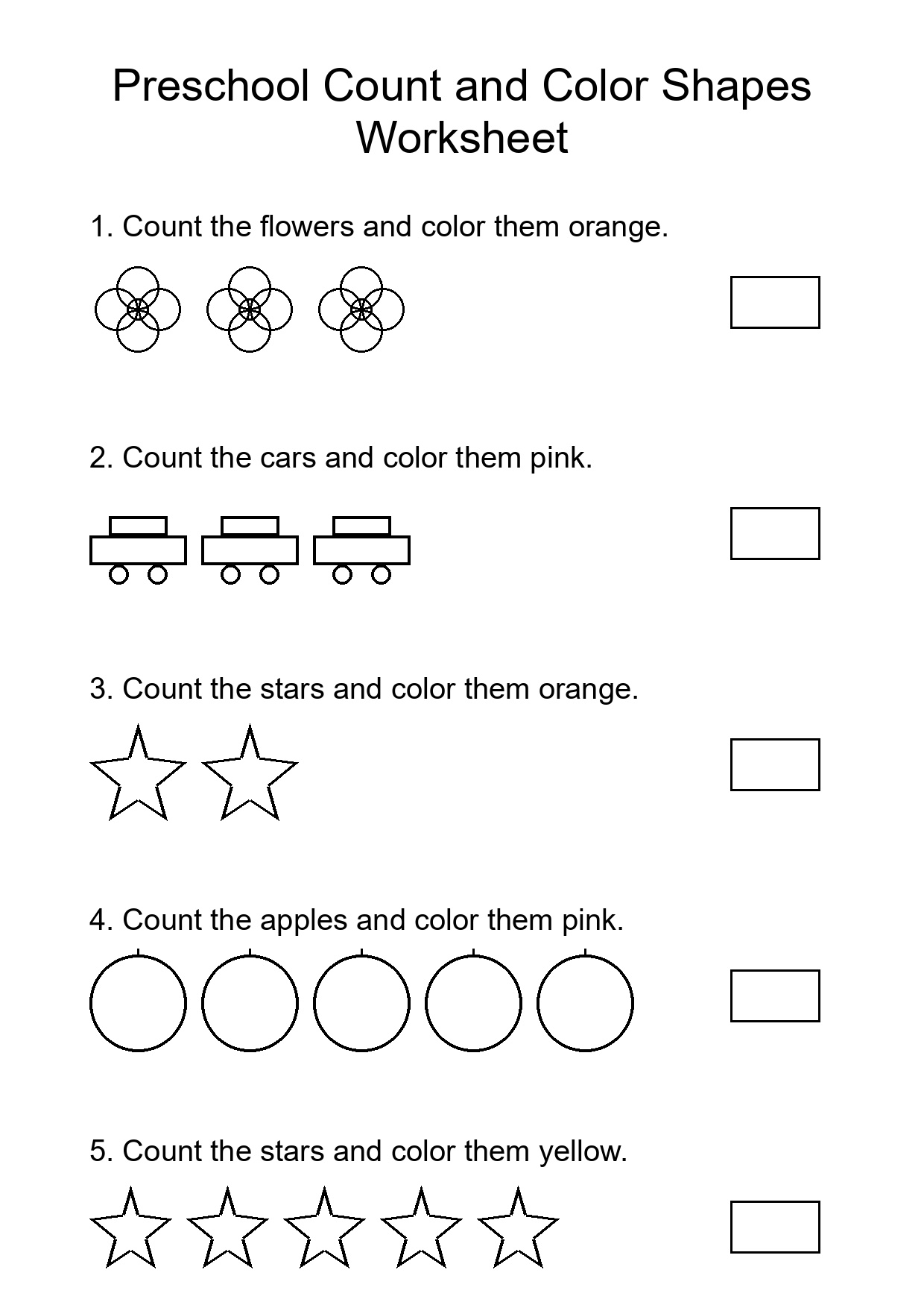 Preschool Count and Color Shapes Worksheet