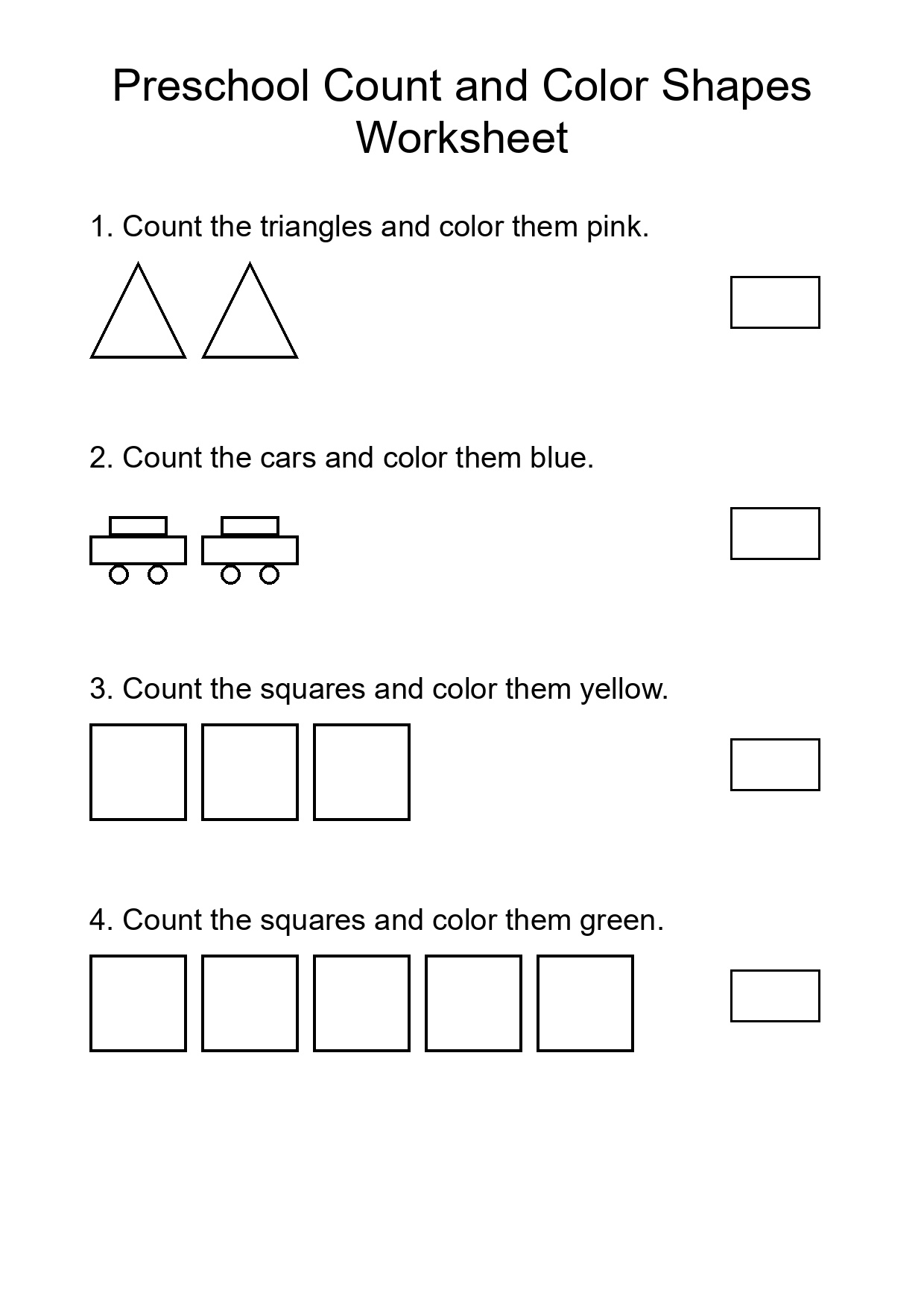Preschool Count and Color Shapes Worksheet