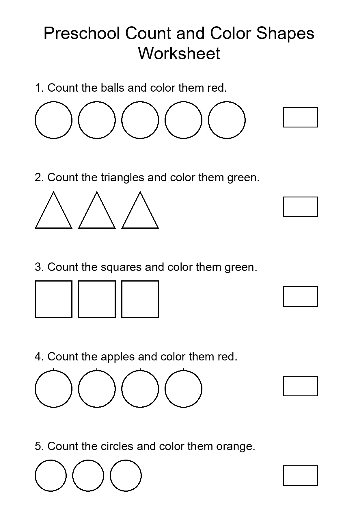 Preschool Count and Color Shapes Worksheet