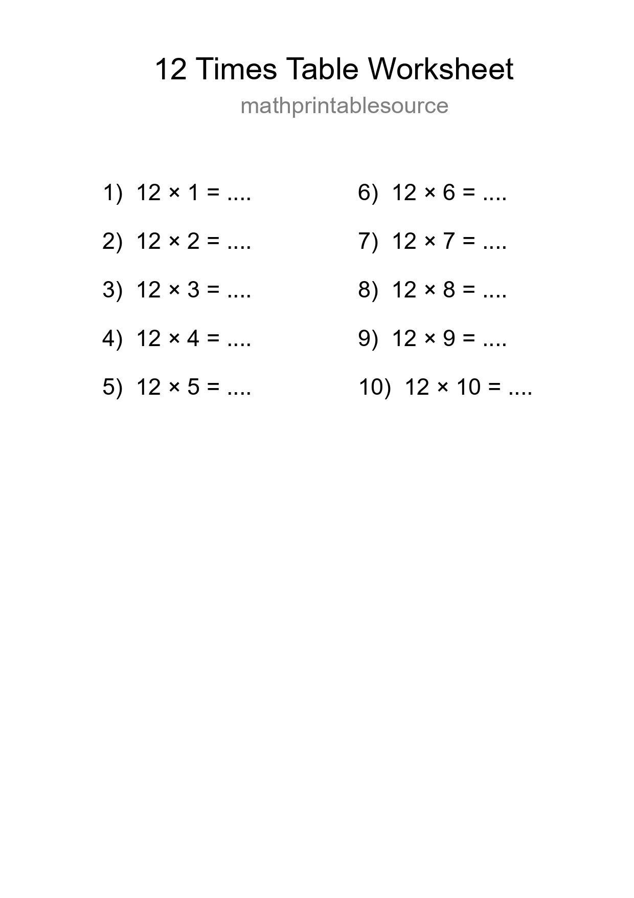 Printable 12 Times Table Worksheet For Grade 4 - Part 229