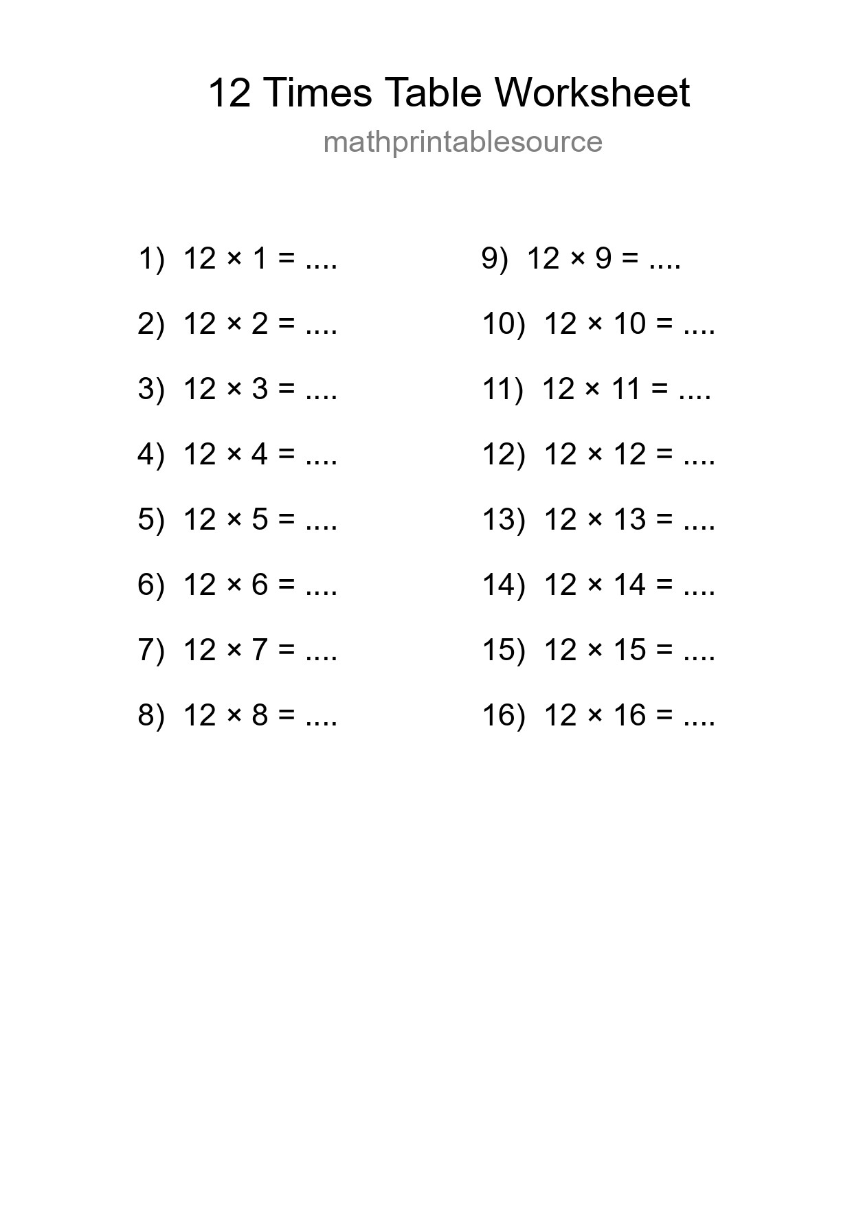 Printable 12 Times Table Worksheet For Grade 4 - Part 262