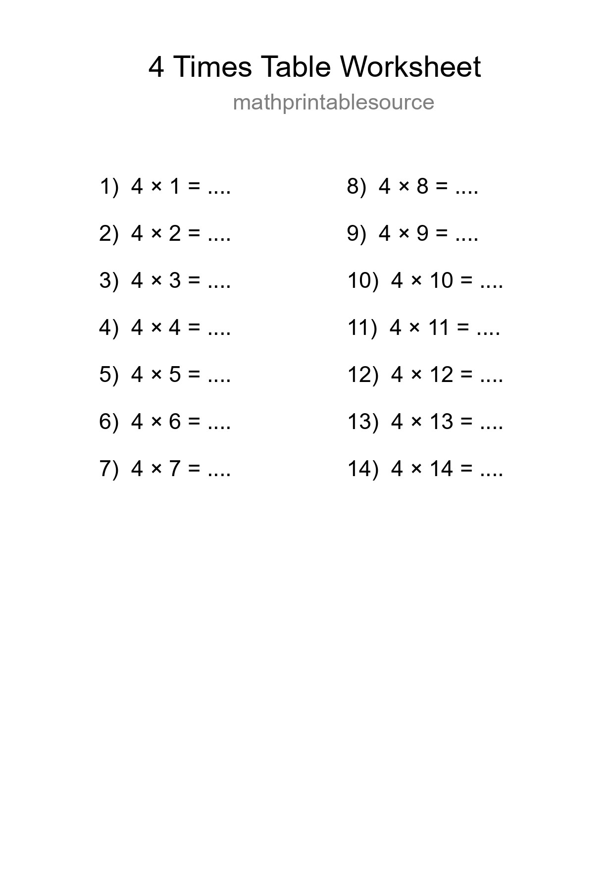 Printable 4 Times Table Worksheet For Grade 2 - Part 53