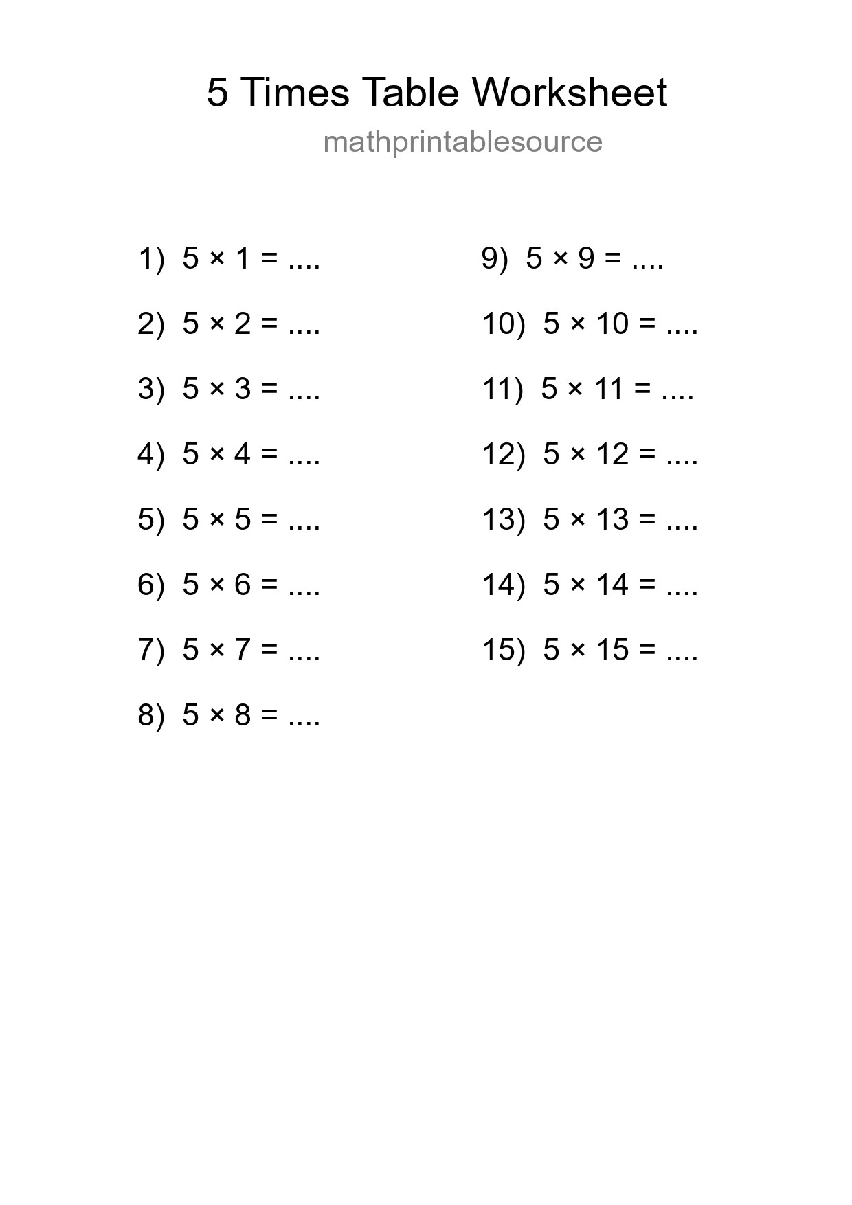 Printable 5 Times Table Worksheet For Grade 2 - Part 42