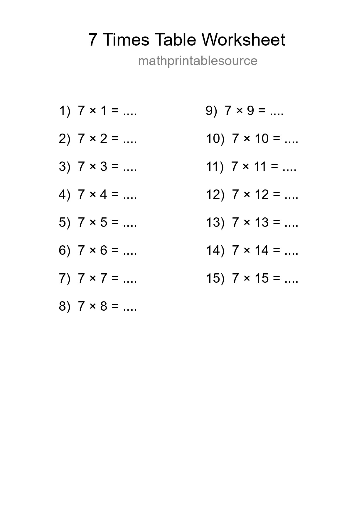 Printable 7 Times Table Worksheet For Grade 3 - Part 141