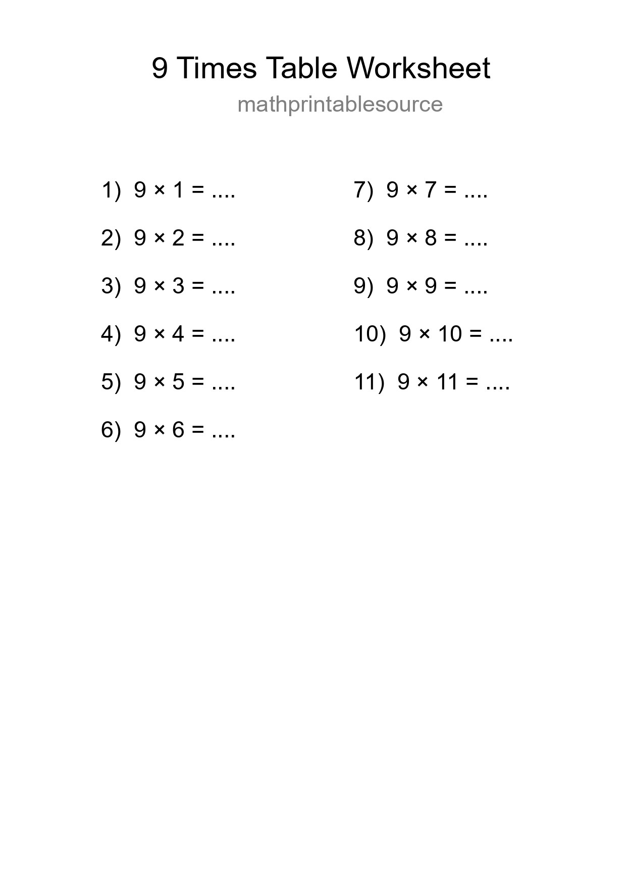 Printable 9 Times Table Worksheet For Grade 3 - Part 20