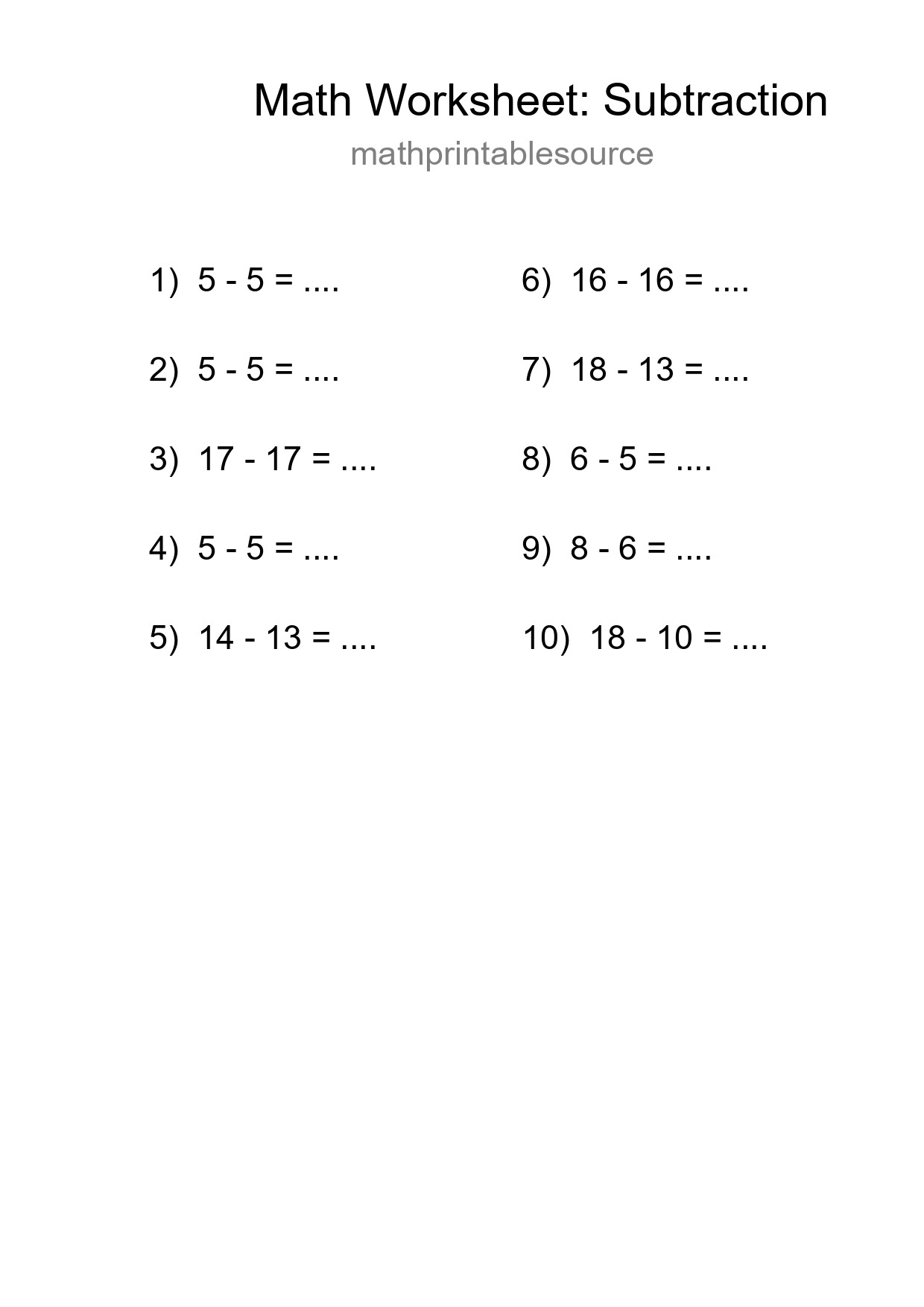 Printable Free 10 Subtraction Math Worksheet For Grade 2 - Part 173