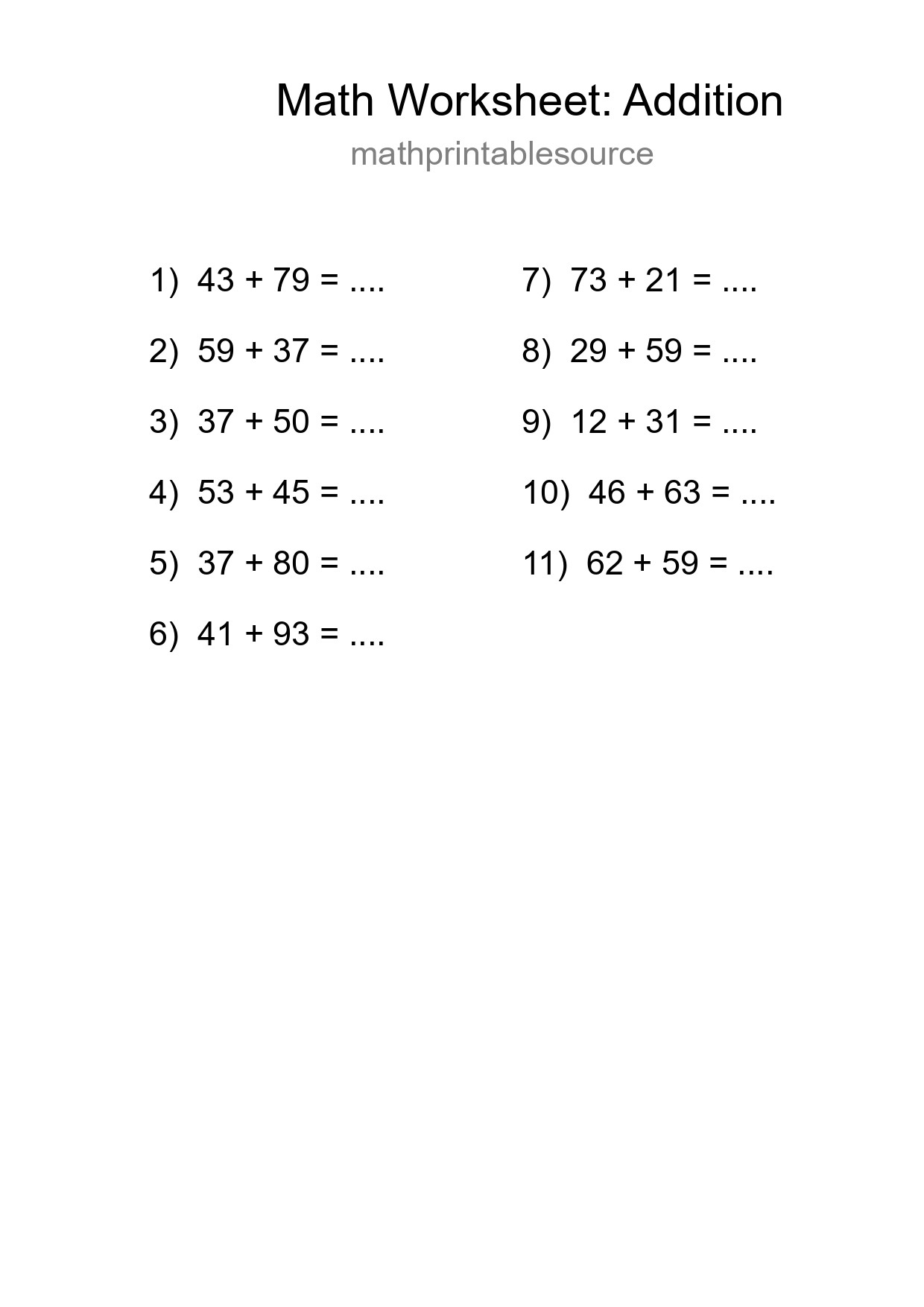 Printable Free 11 Addition Math Worksheet For Grade 3 - Part 155