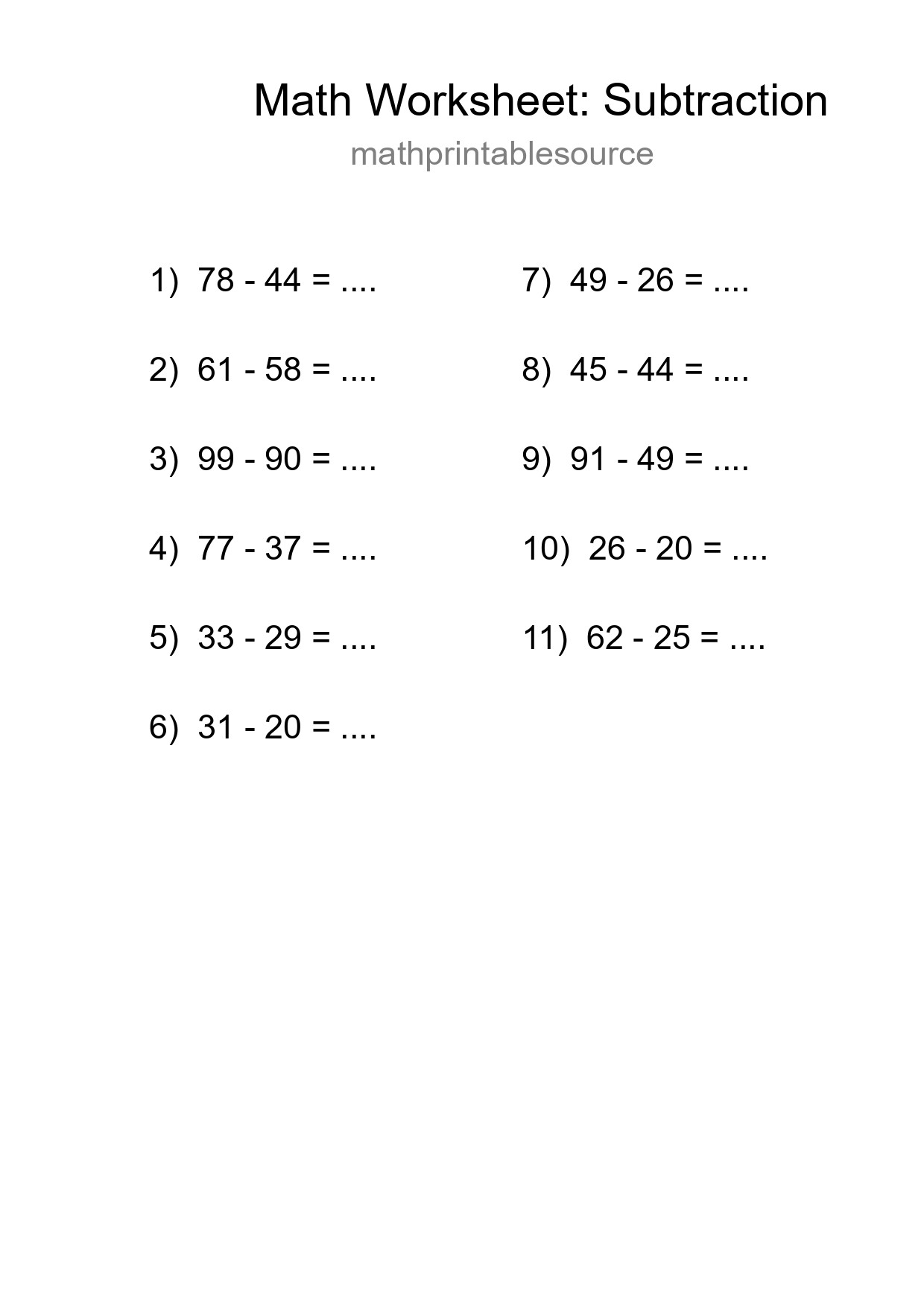 Printable Free 11 Subtraction Math Worksheet For Grade 3 - Part 140