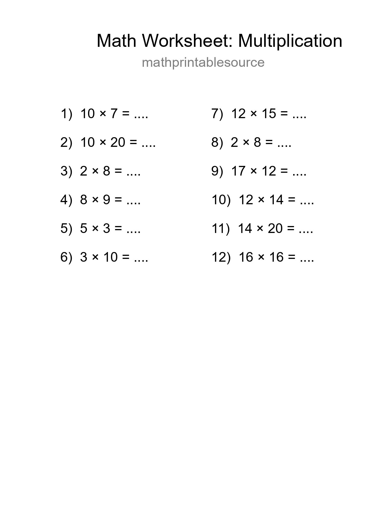Printable Free 12 Multiplication Math Worksheet For Grade 2 - Part 95