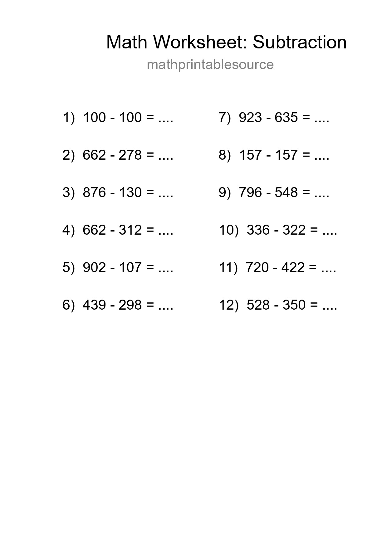 Printable Free 12 Subtraction Math Worksheet For Grade 5 - Part 272