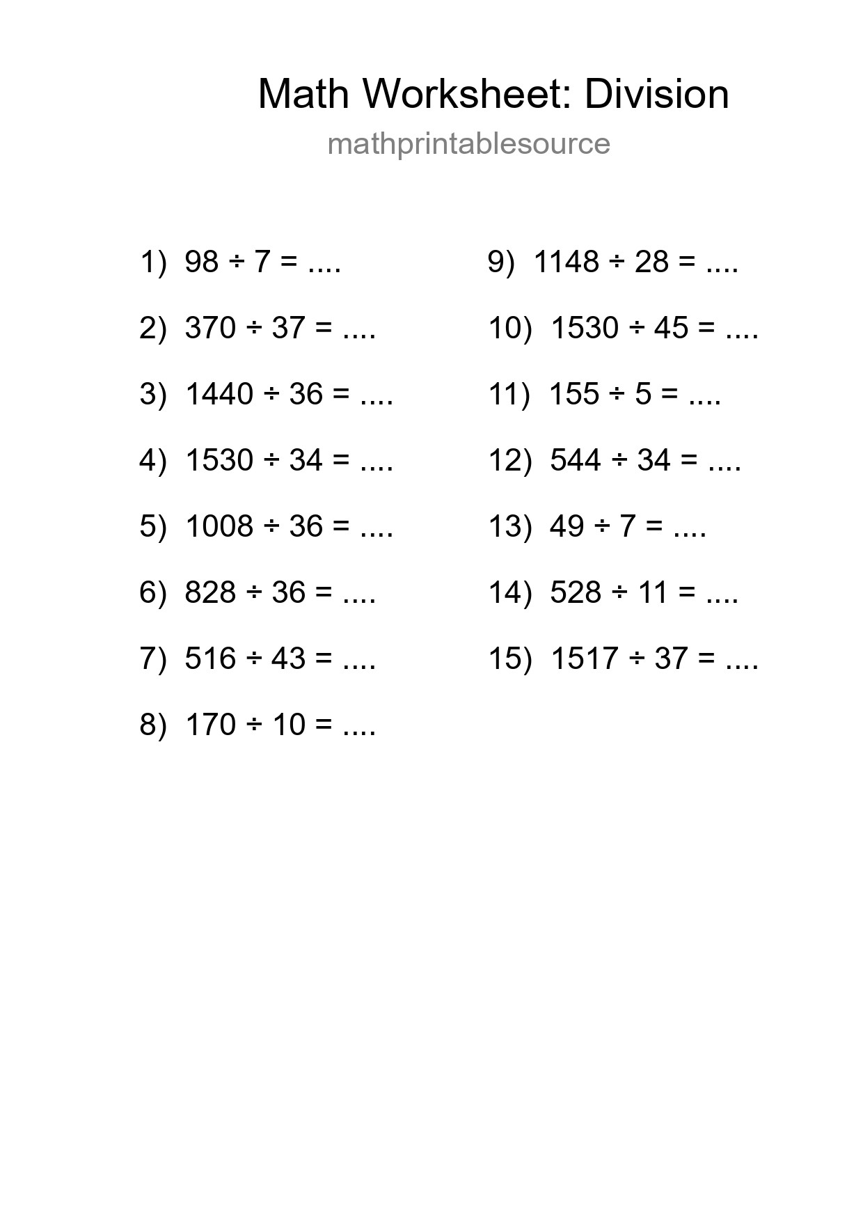 Printable Free 15 Division Math Worksheet For Grade 2 - Part 180