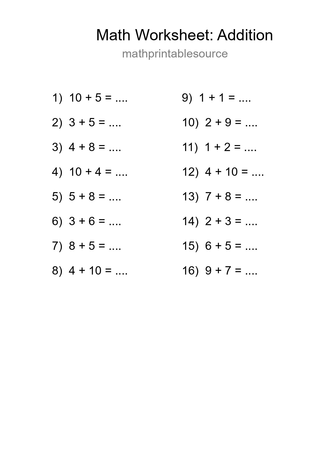 Printable Free 16 Addition Math Worksheet For Grade 1 - Part 243