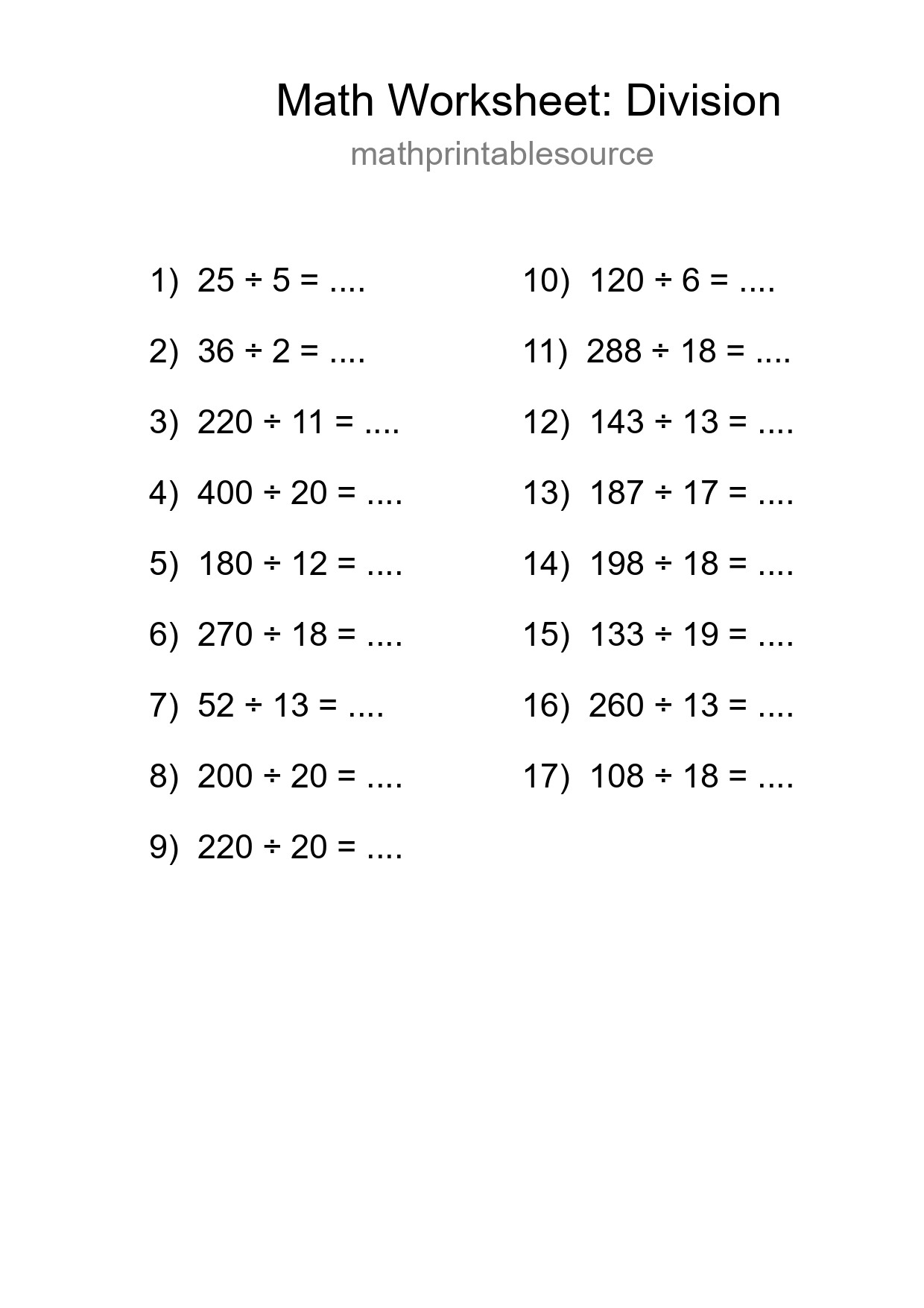 Printable Free 17 Division Math Worksheet For Grade 2 - Part 103