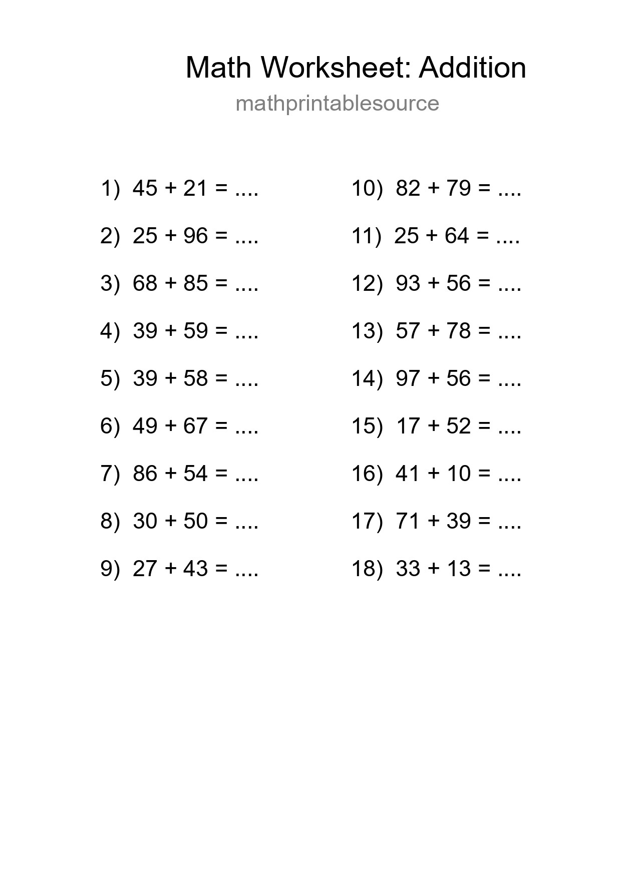 Printable Free 18 Addition Math Worksheet For Grade 3 - Part 122