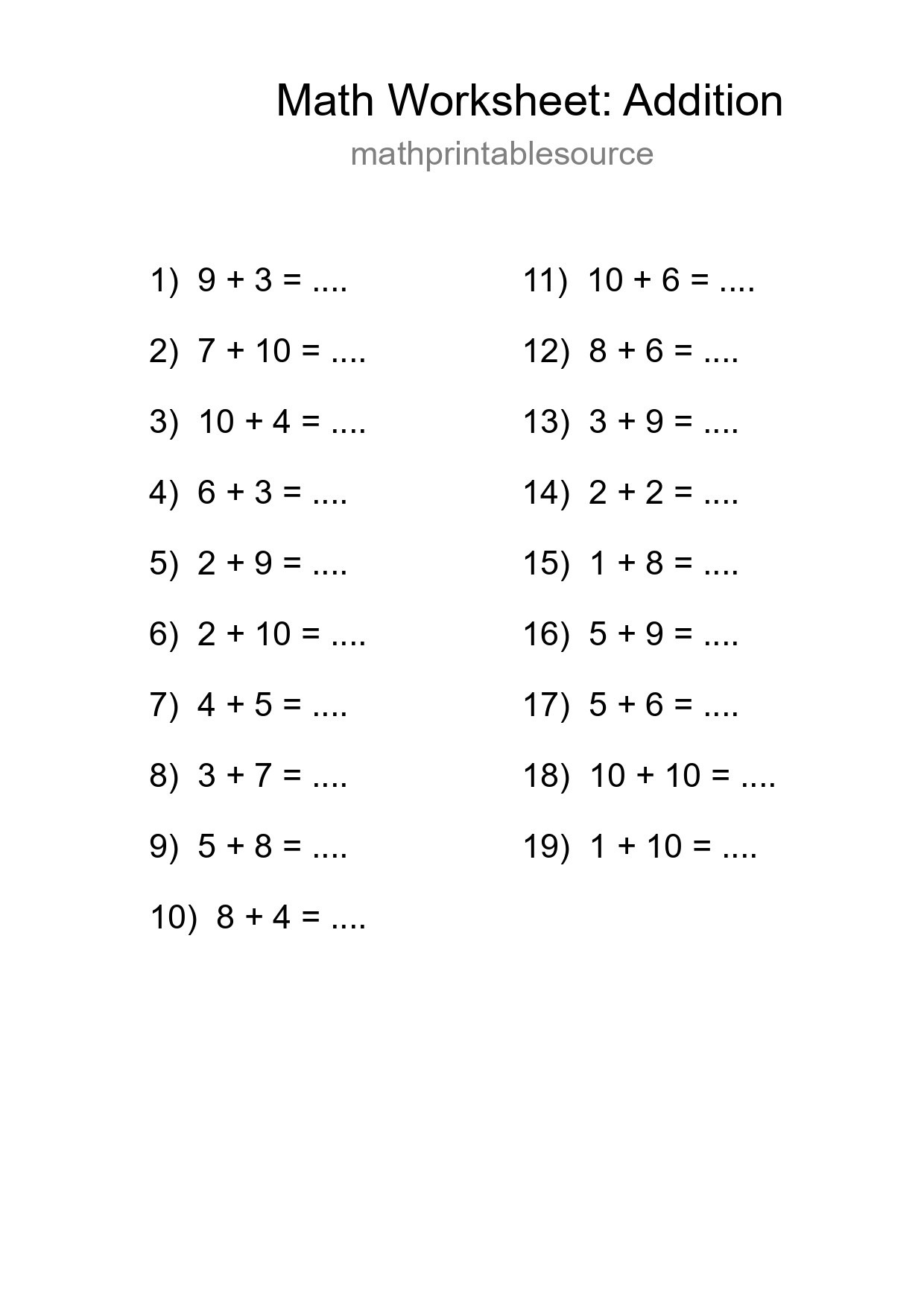 Printable Free 19 Addition Math Worksheet For Grade 1 - Part 89