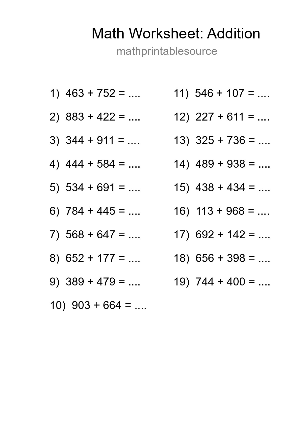 Printable Free 19 Addition Math Worksheet For Grade 5 - Part 34