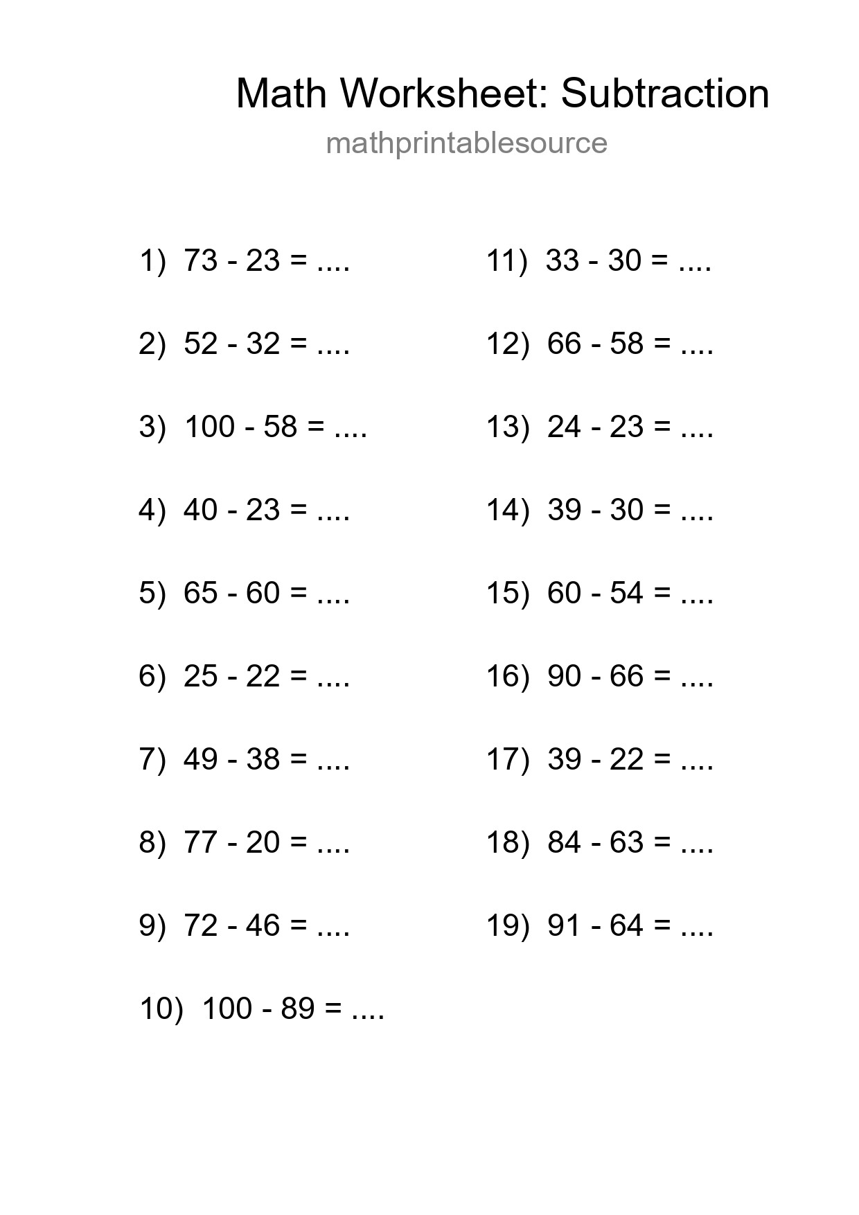 Printable Free 19 Subtraction Math Worksheet For Grade 3 - Part 74