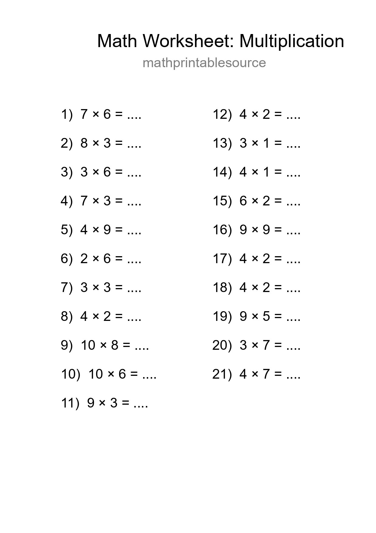Printable Free 21 Multiplication Math Worksheet For Grade 1 - Part 293
