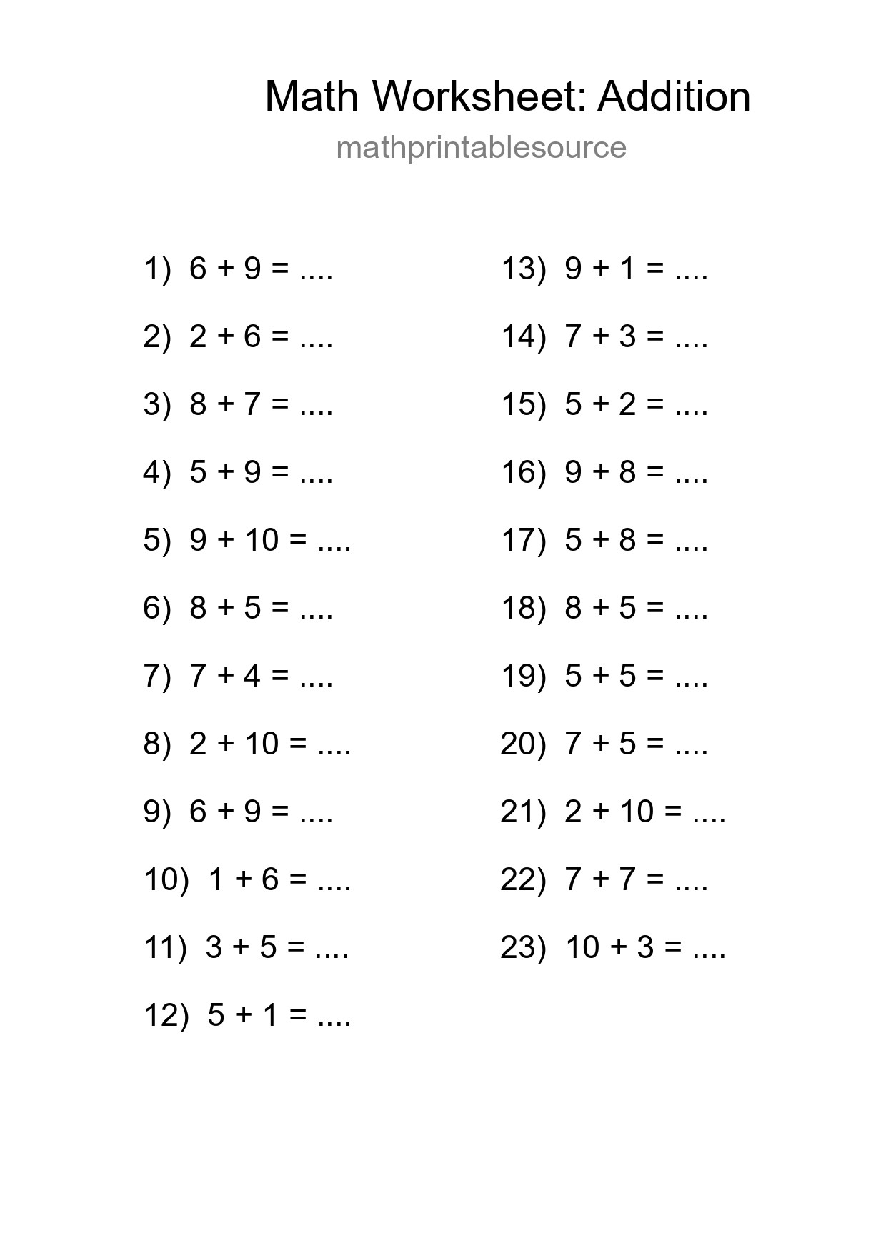 Printable Free 23 Addition Math Worksheet For Grade 1 - Part 111