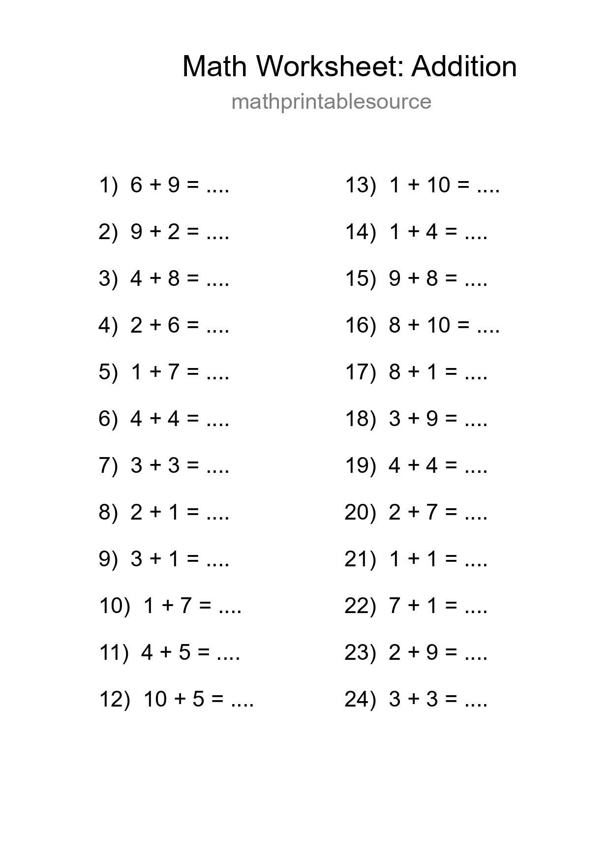 Printable Free 24 Addition Math Worksheet For Grade 1 - Part 12