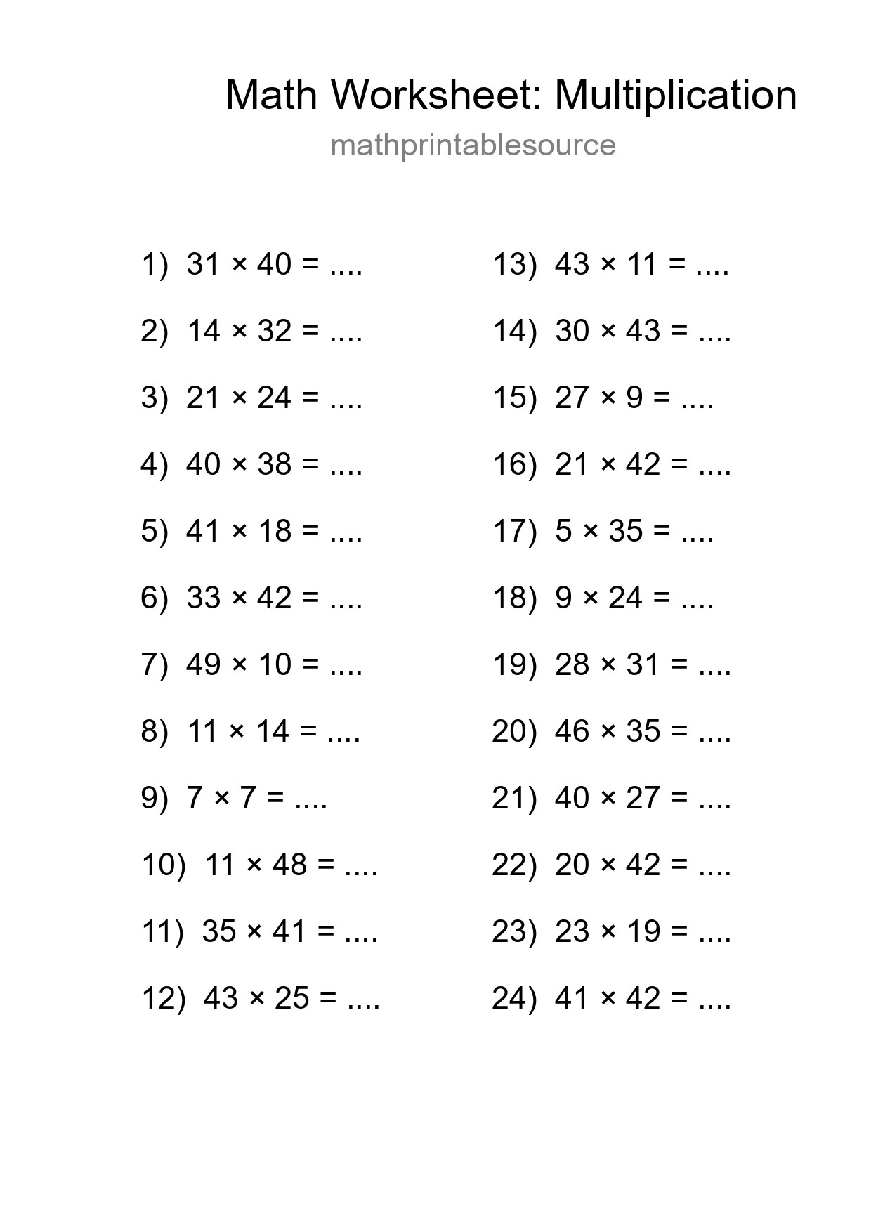 Printable Free 24 Multiplication Math Worksheet For Grade 2 - Part 106
