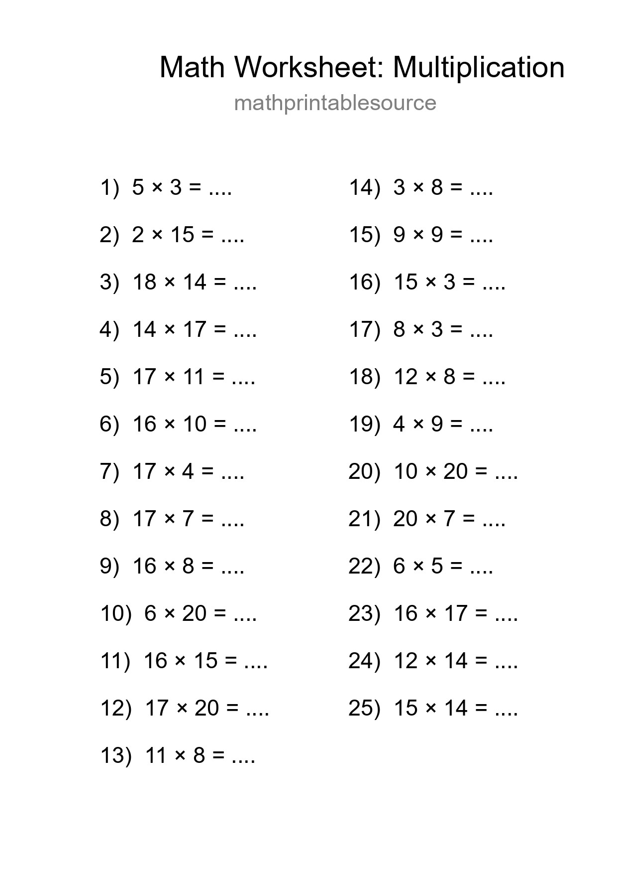 Printable Free 25 Multiplication Math Worksheet For Grade 2 - Part 161