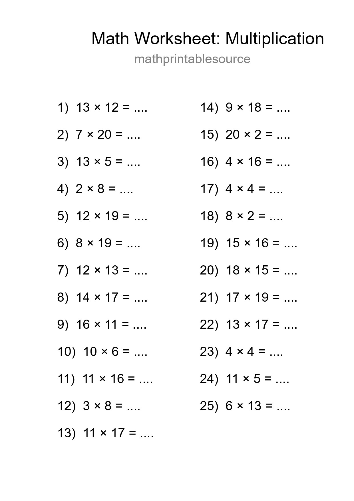 Printable Free 25 Multiplication Math Worksheet For Grade 2 - Part 183