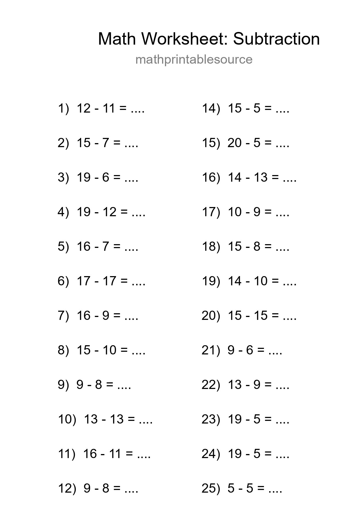 Printable Free 26 Subtraction Math Worksheet For Grade 2 - Part 129