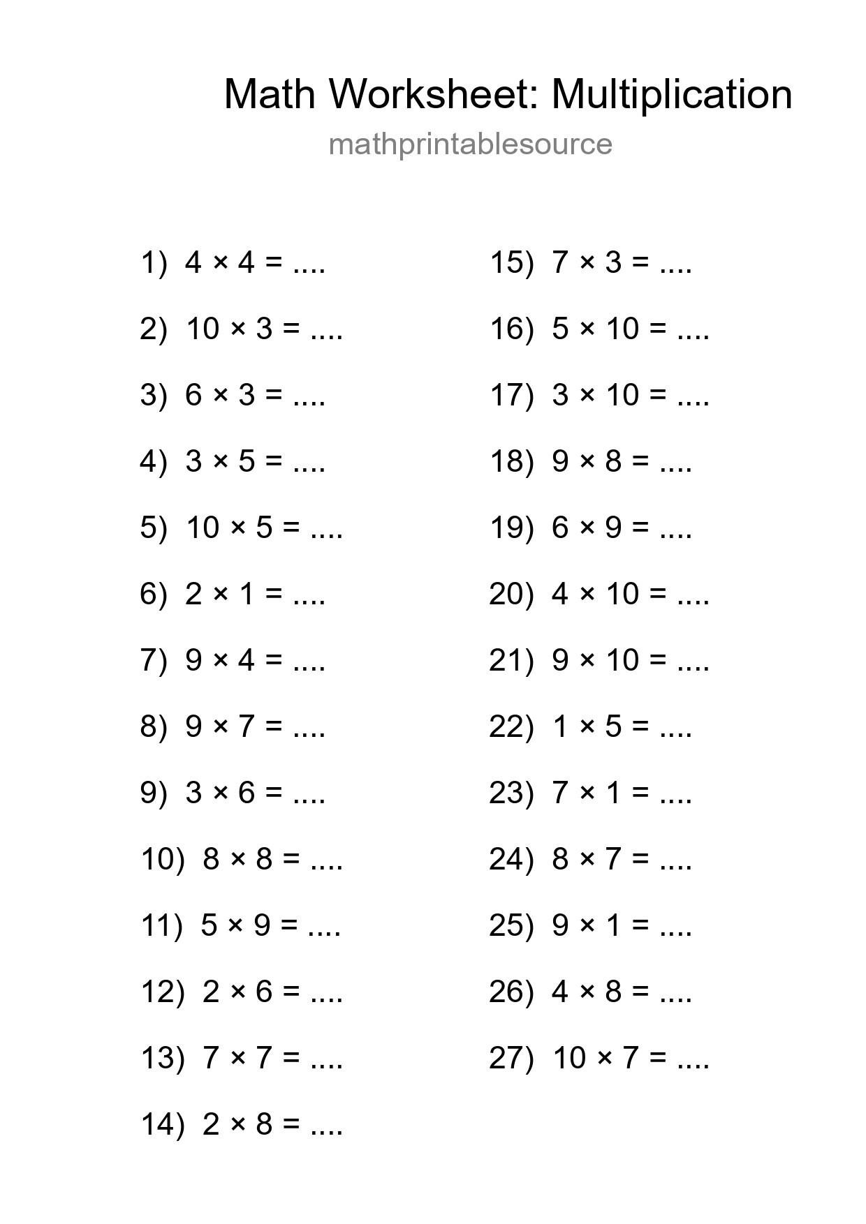 Printable Free 27 Multiplication Math Worksheet For Grade 1 - Part 117