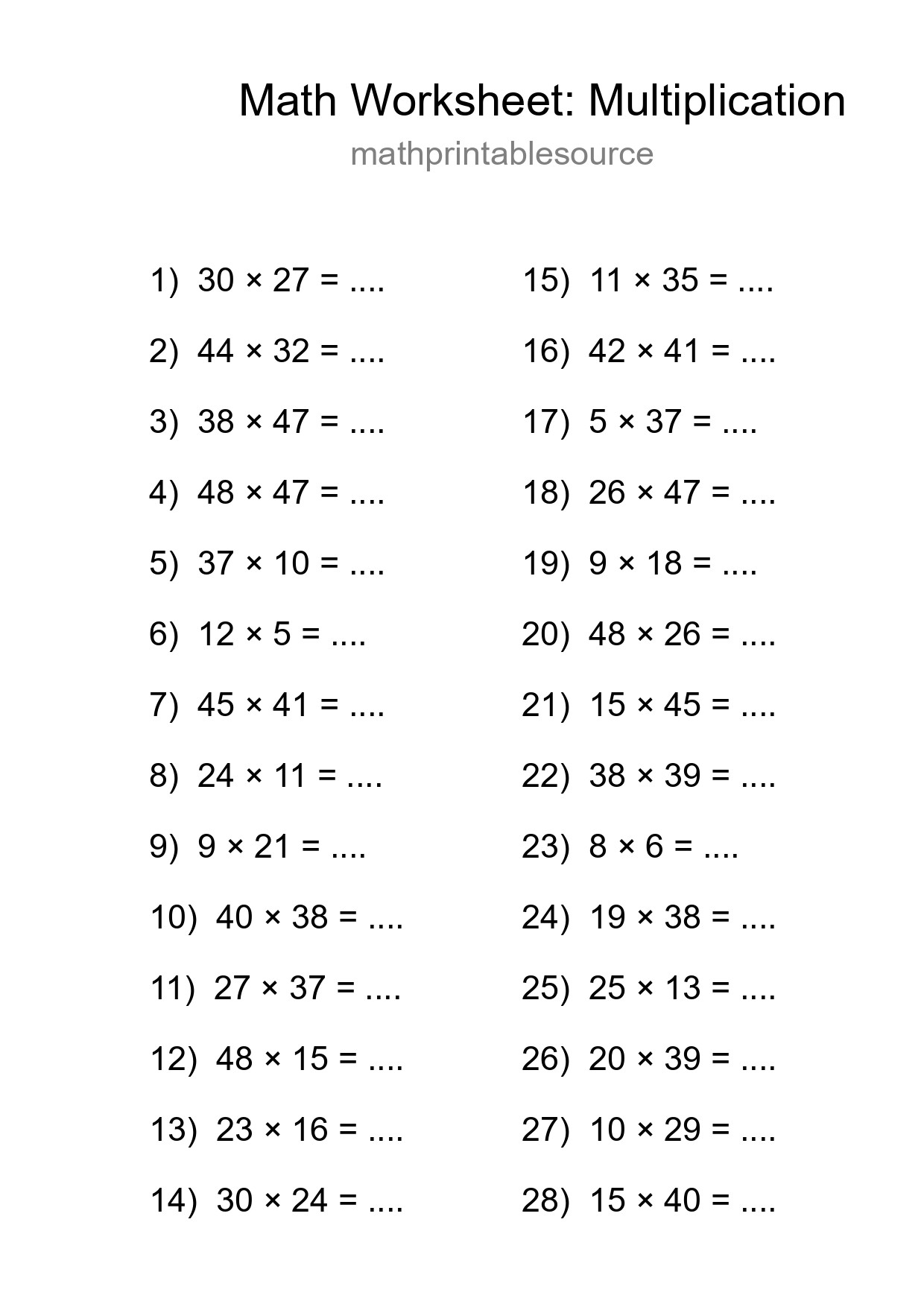 Printable Free 28 Multiplication Math Worksheet For Grade 2 - Part 7