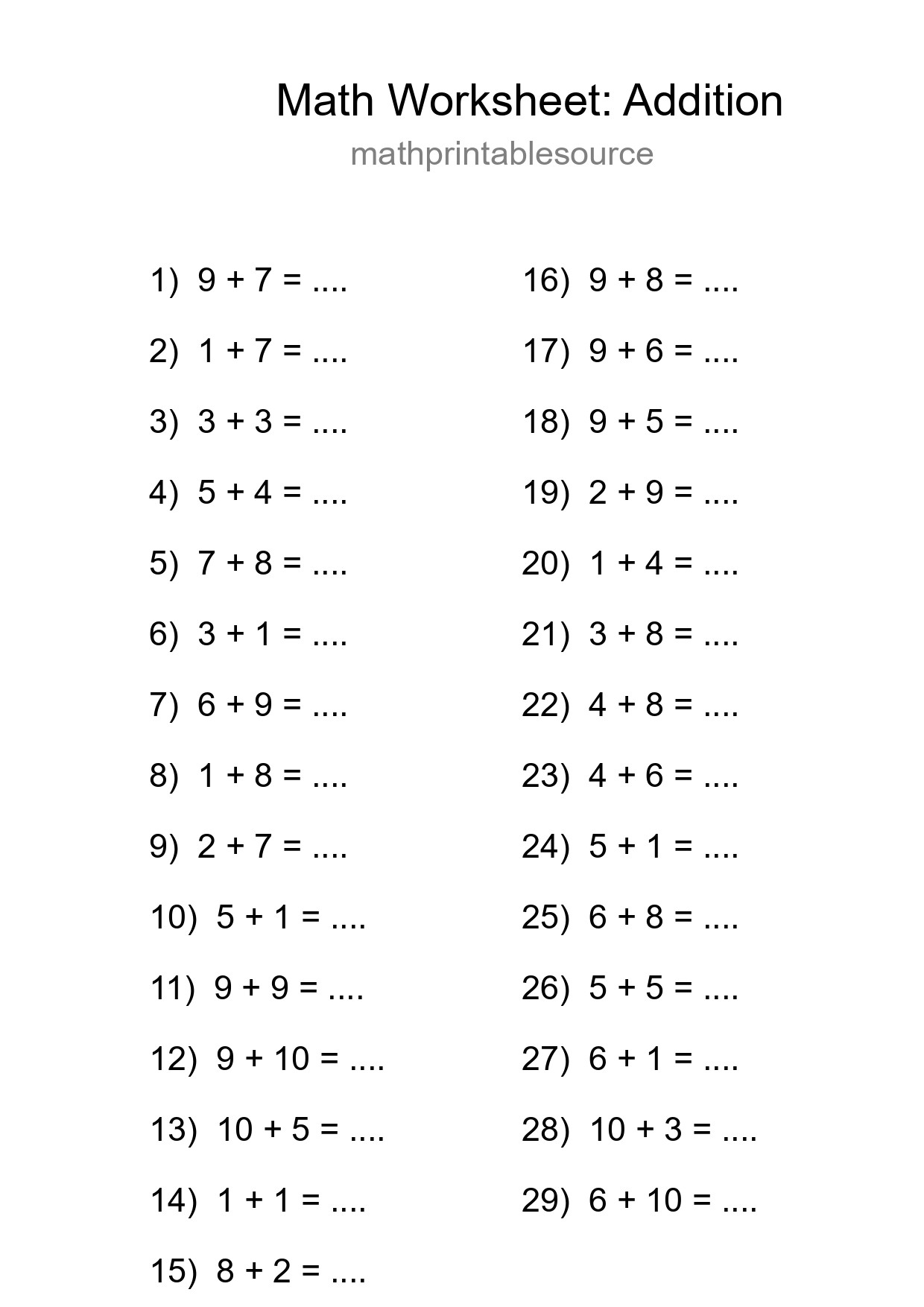 Printable Free 29 Addition Math Worksheet For Grade 1 - Part 133