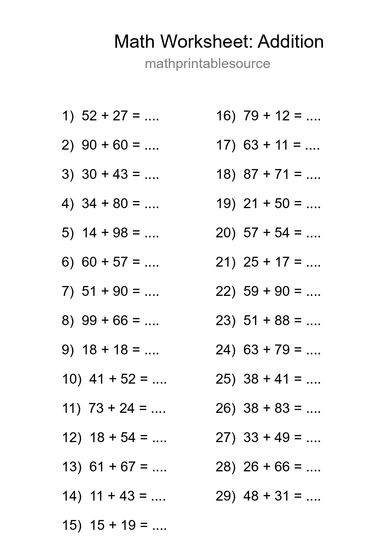 Printable Free 29 Addition Math Worksheet For Grade 3 - Part 199