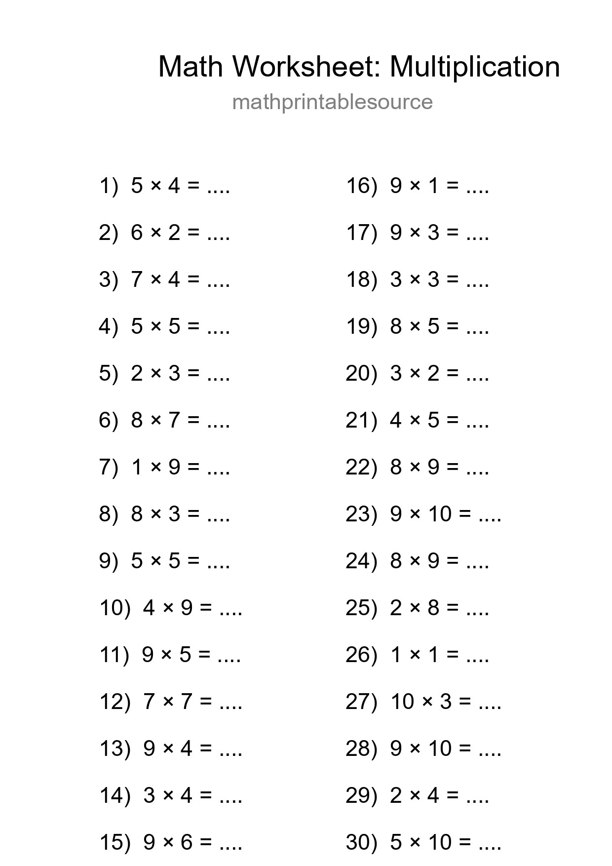 Printable Free 30 Multiplication Math Worksheet For Grade 1 - Part 139