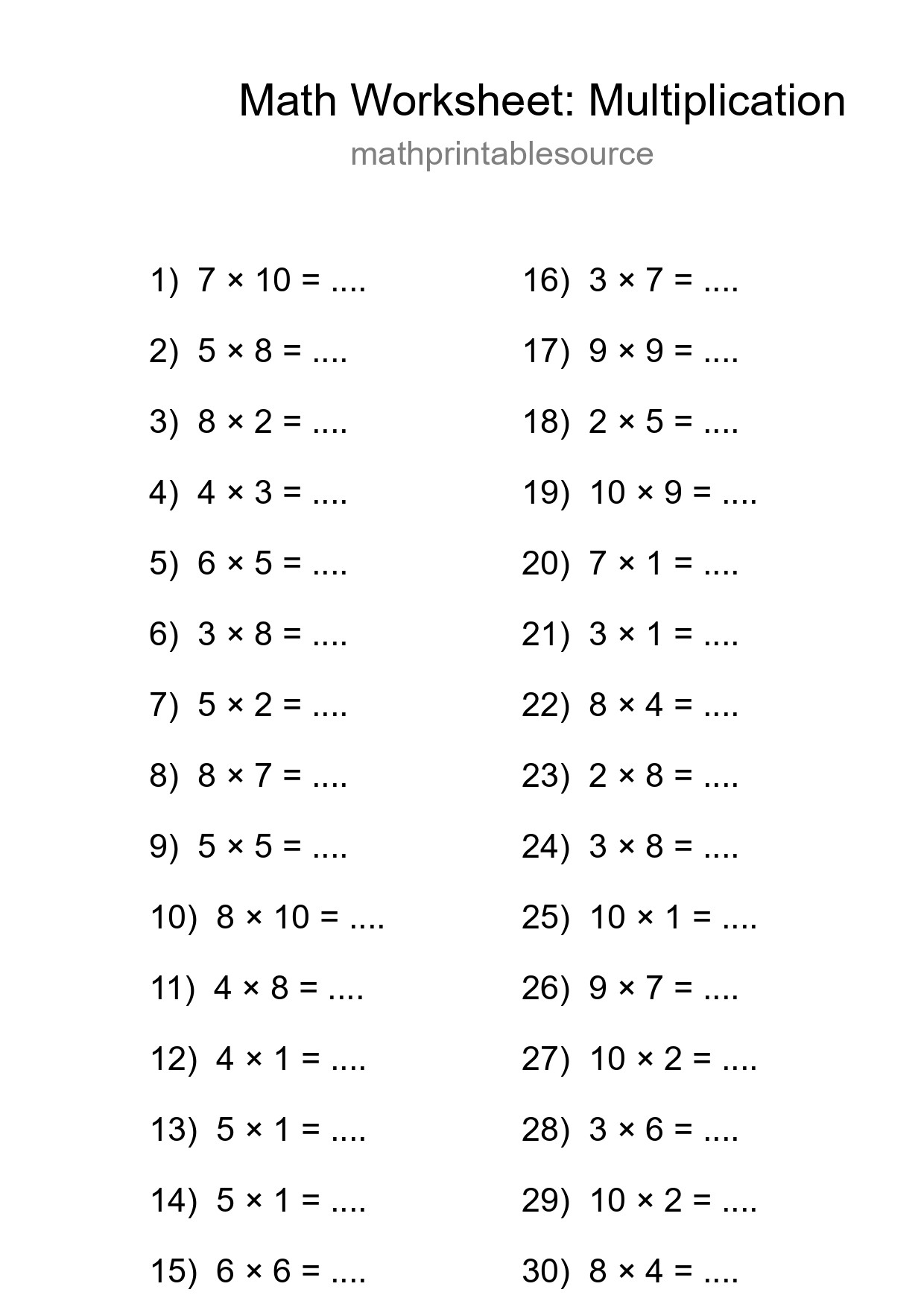Printable Free 30 Multiplication Math Worksheet For Grade 1 - Part 227